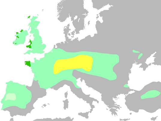 Carte de l'expansion celte en Europe. En jaune, le noyau territorial Hallstatt, au VI sicle av. J.-C. ; en vert clair, l'expansion celtique maximale, en 275 av. J.-C. ; en blanc, le domaine lusitanien de l'Ibrie, o la prsence celtique est incertaine ; en vert fluo, les zones o les langues celtiques restent largement parles aujourd'hui.  Rob984, Wikimedia Commons, CC by-sa 4.0